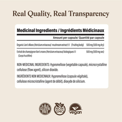 Real Mushrooms Lions Mane Capsules - Organic Mushroom Extract With Immunomodulating Properties Antioxidants Vegan Brain Supplement, 120 - Available at All In One Marketplace Canada