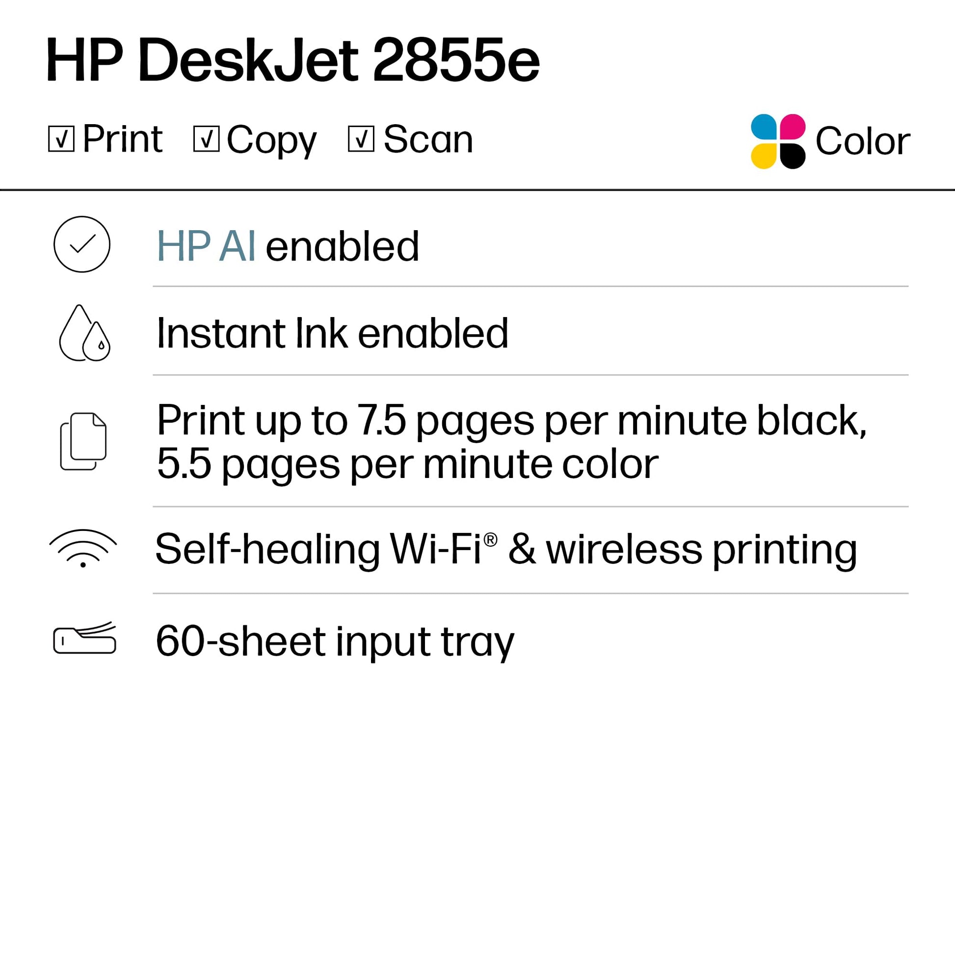 HP DeskJet 2855e Wireless All-in-One Printer, Scanner, Copier