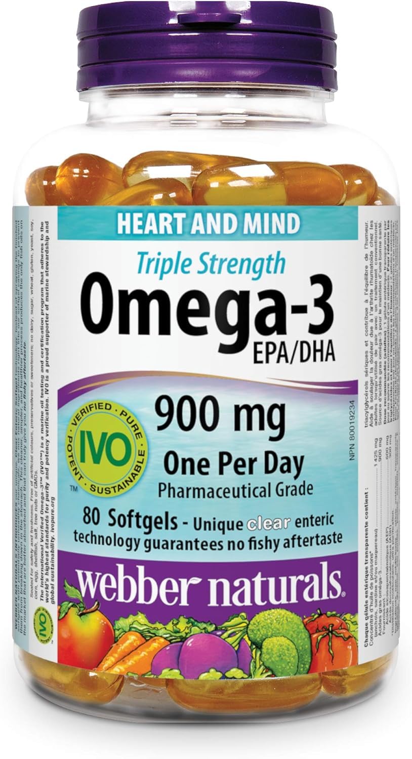 Webber Naturals Omega-3 900 mg Triple Strength, 80 Clear Enteric No Fishy Aftertaste Softgels, Supports Cardiovascular Health and Brain Function