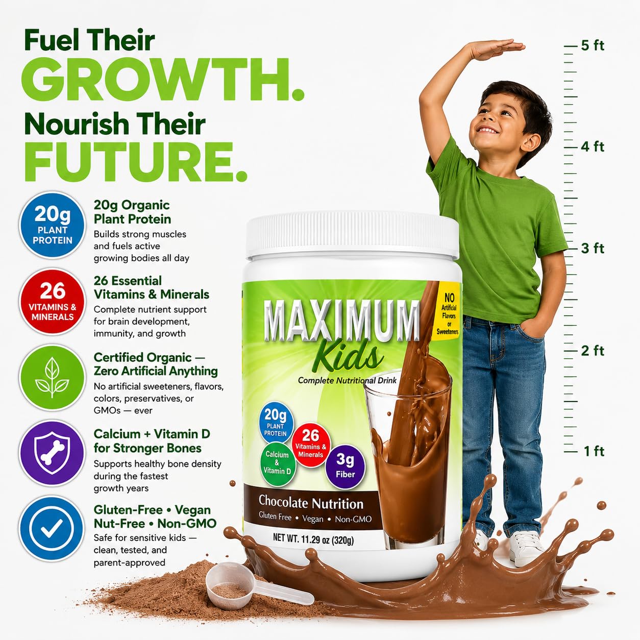 Maximum Kids Complete ORGANIC Powder Mix - Great TASTING, EASY to use, complete nutritional drink with 26 vitamins & Minerals, 20g of Plant Protein, 3g of Fiber. Kid TESTED! Parents APPROVED! - Available at All In One Marketplace Canada