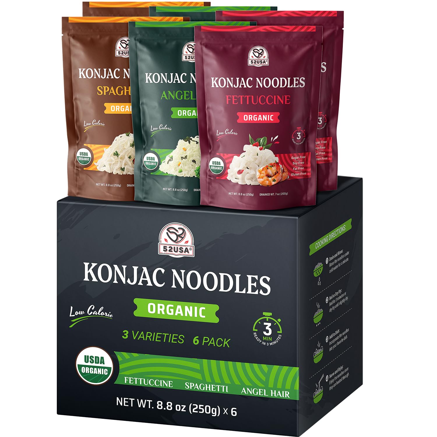 52USA Organic Konjac Shirataki Noodles - Low Carb Pasta Variety Pack (1500g, 6 Pack)