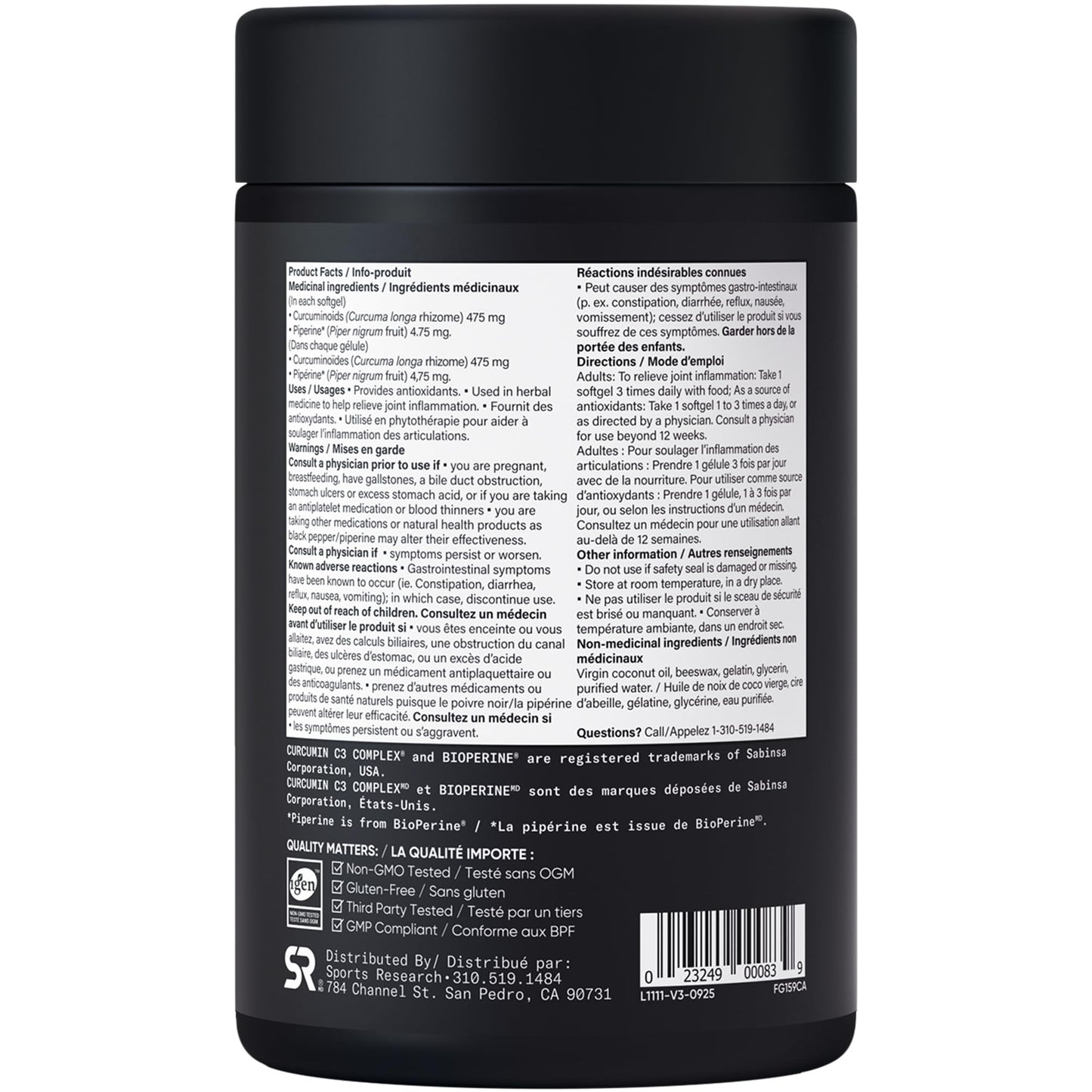 Sports Research® Turmeric Curcumin C3® Complex 500mg, Enhanced with Black Pepper & Organic Coconut Oil for Better Absorption; Non-GMO, Gluten Free & Third-Party Tested - 120 Liquid Softgels - Available at All In One Marketplace Canada