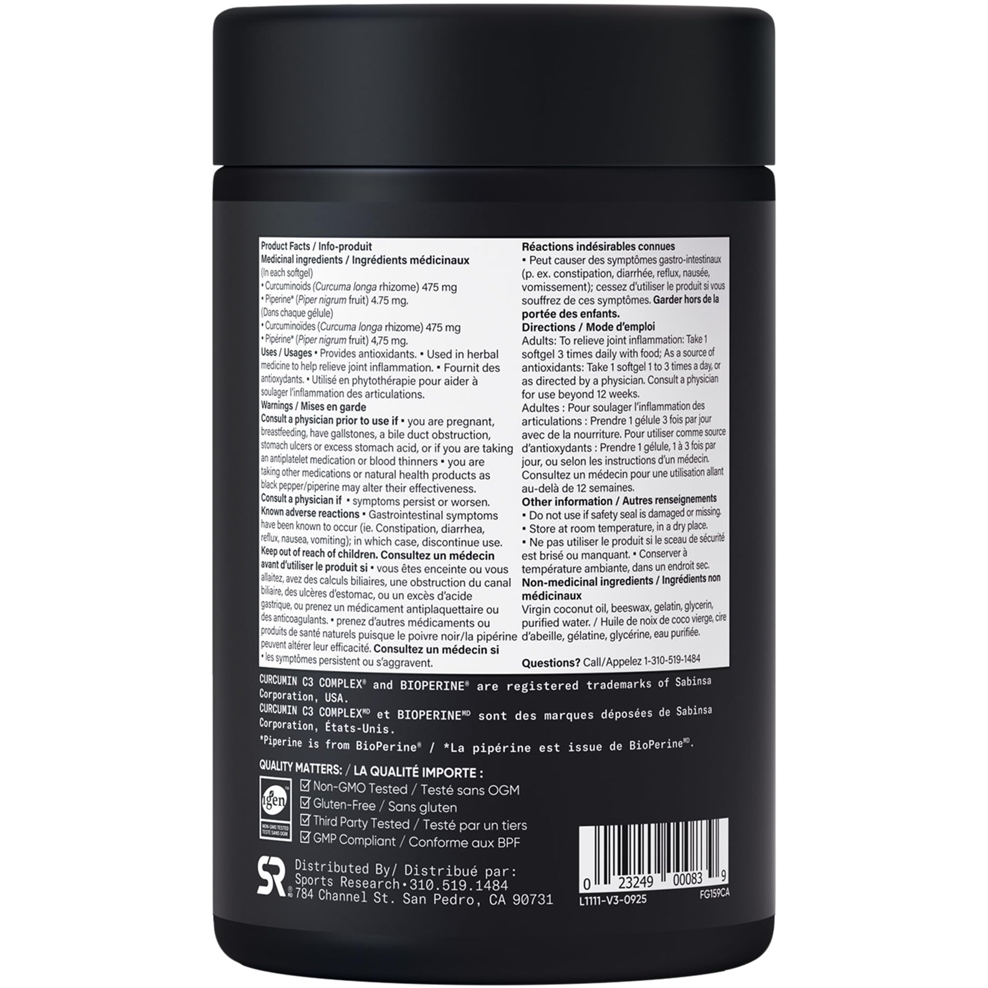 Sports Research® Turmeric Curcumin C3® Complex 500mg, Enhanced with Black Pepper & Organic Coconut Oil for Better Absorption; Non-GMO, Gluten Free & Third-Party Tested - 120 Liquid Softgels - Available at All In One Marketplace Canada