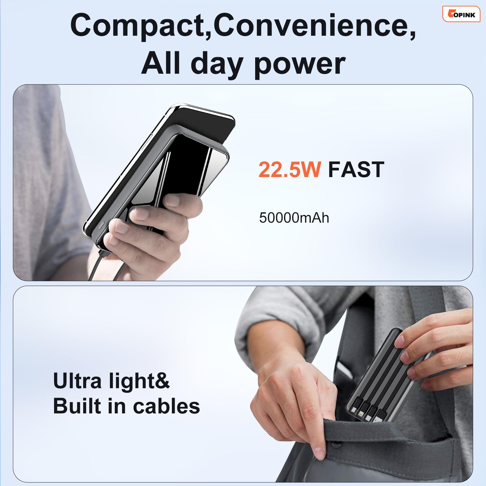 Portable Charger with Built in Cables, 50000mAh Power Bank Fast Charging 6 Outputs 2 Inputs with LED Display External Battery Pack Compatible with Cellphones Tablets AirPods etc - Available at All In One Marketplace Canada