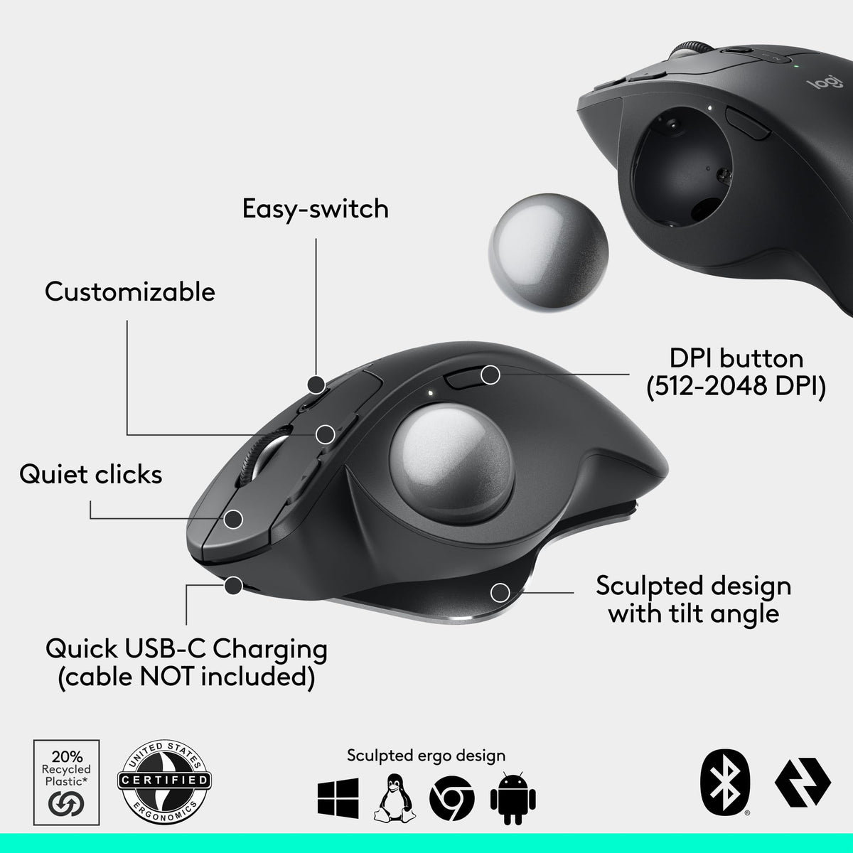 Logitech MX Ergo S Advanced Wireless Trackball Mouse USB C - Graphite