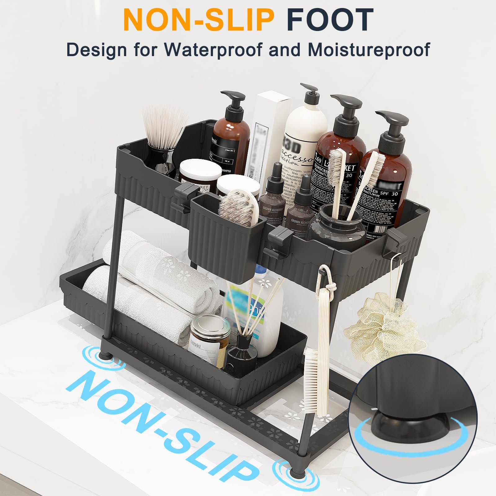 Sevenblue Under Sink Organizer 3 Pack, Bathroom Organizers, 2 Tier Multi-Use kitchen Organizers and Storage with Sliding Drawer, Hang Hooks and Cups, (Black) - Available at All In One Marketplace Canada