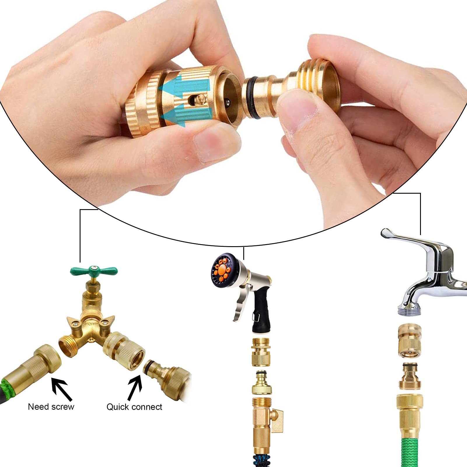 Garden Hose Quick Connectors, Solid Brass 3/4 inch GHT Thread Easy Connect Fittings No-Leak Water Hose Male Female Value Pack (5 Set) with 10pcs Extra Rubber - Available at All In One Marketplace Canada