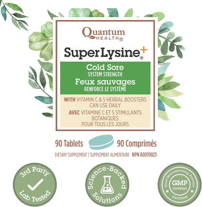 Quantum Health Super Lysine+ Cold Sore 90 Tablets 45-Day Supply, Daily Lysine Supplement, Vitamin C, Echinacea, Licorice, Propolis & Odorless Garlic for Collagen Support, Healthy Lips & Immune Balance Quantum