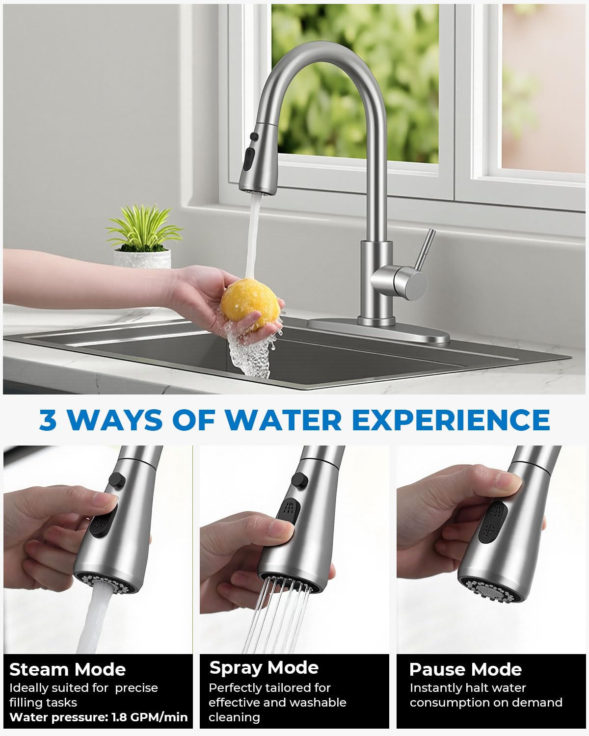 WEWE Pull-Down Kitchen Faucet with Sprayer 3 Modes, High Arc Stainless Steel with Brushed Nickel Finish, for 1 or 3 Hole Kitchen Sinks for Pot Filler, Farmhouse Bar Laundry