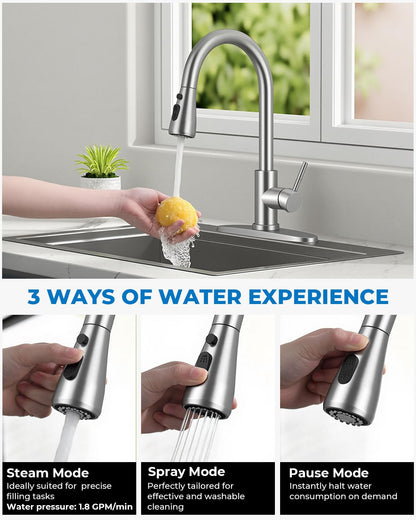 WEWE Pull-Down Kitchen Faucet with Sprayer 3 Modes, High Arc Stainless Steel with Brushed Nickel Finish, for 1 or 3 Hole Kitchen Sinks for Pot Filler, Farmhouse Bar Laundry