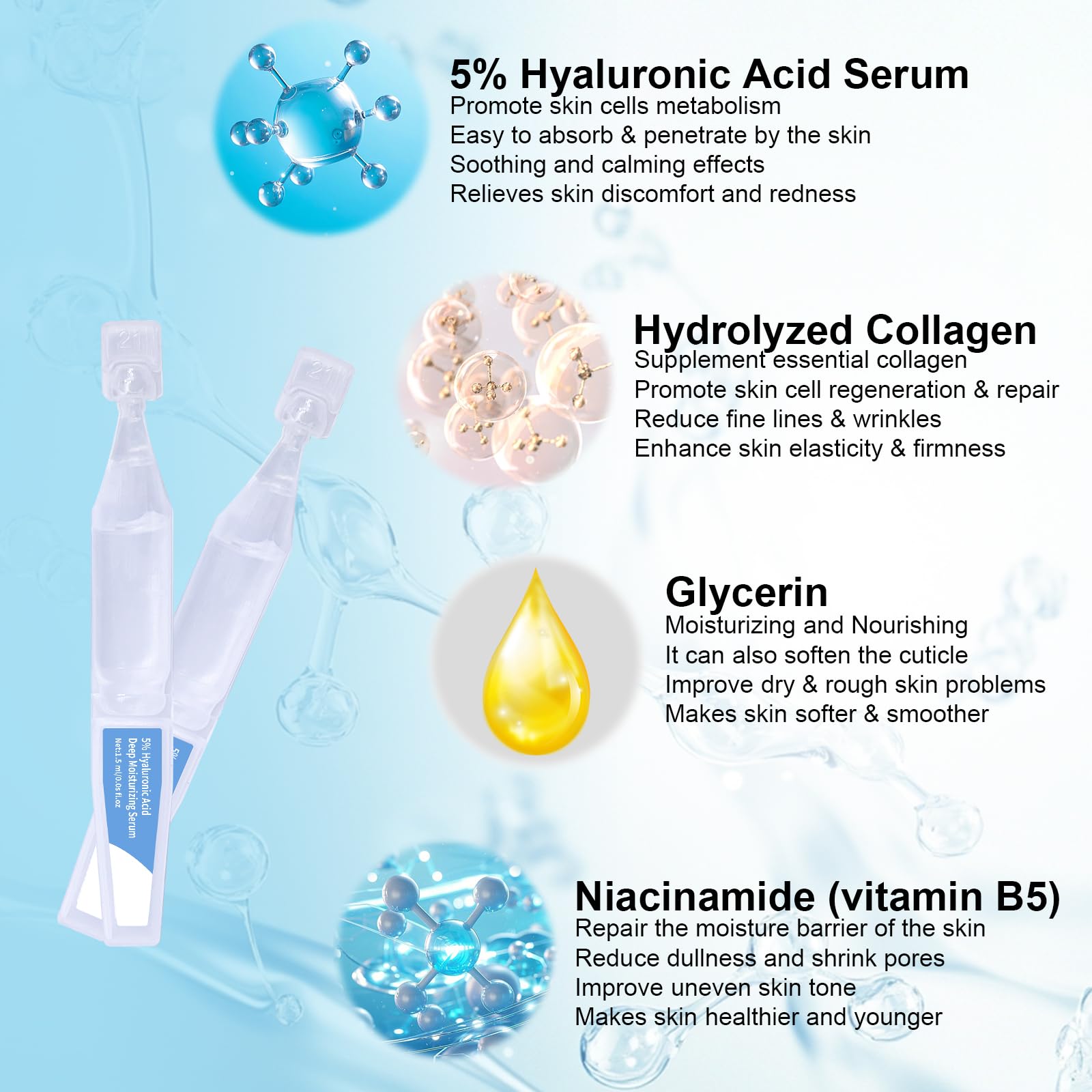 5% Hyaluronic Acid Serum Ultra Moisturizing & Elastic Skin - Wake Nature Perfection Hyaluronic Acid - Anti-Aging Serum for Face Single-Use Vials Skincare - Repair Sensitive Skin (1.5 ml)*30 - Available at All In One Marketplace Canada