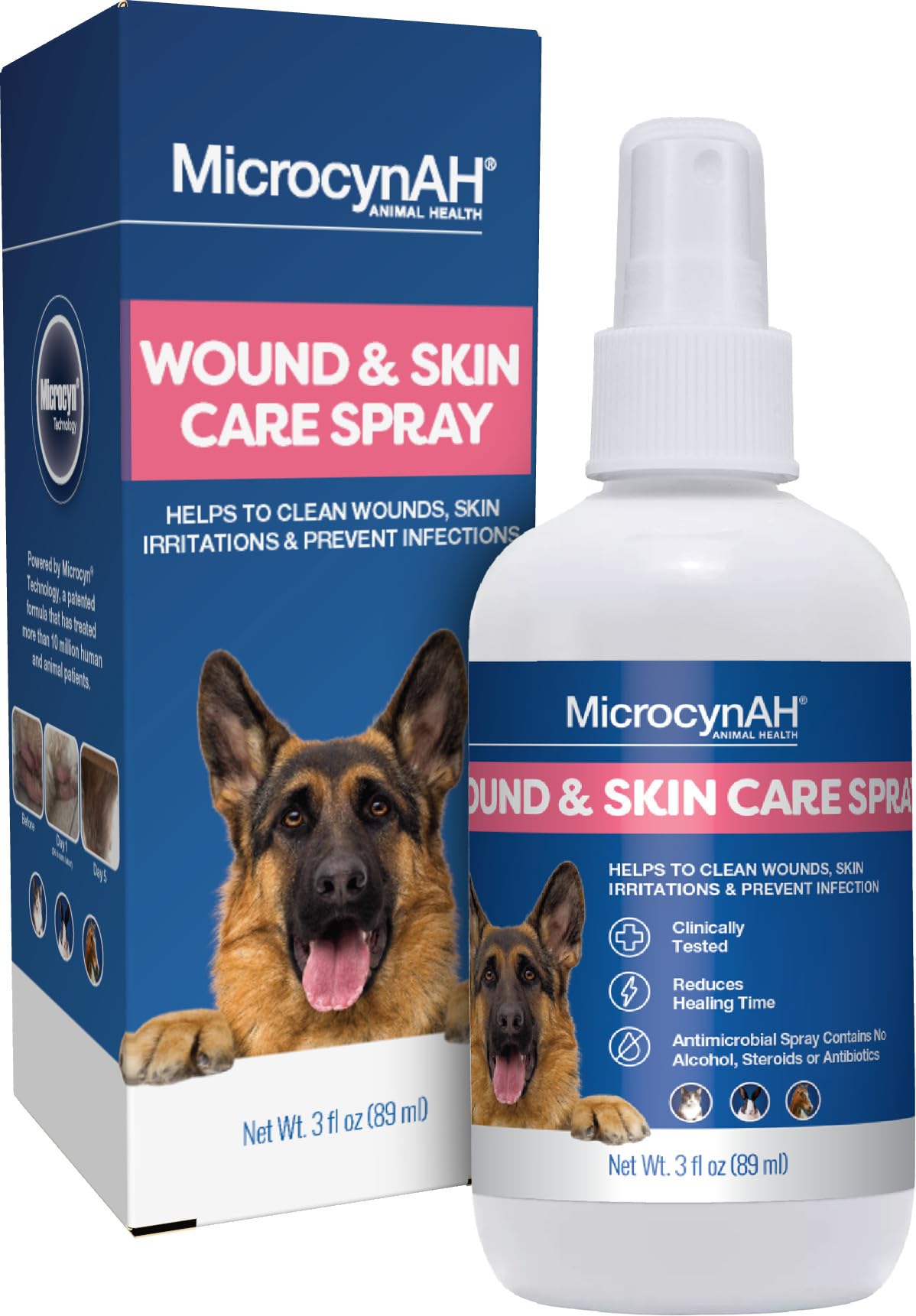 MicrocynAH Wound & Skin Care Spray for Pets, Gentle Skin & Coat Spray for Dogs, Cats & Horses, Helps Clean Minor Skin Issues & Irritated Areas, Alcohol-Free Formula, No Steroids or Antibiotics, 3oz