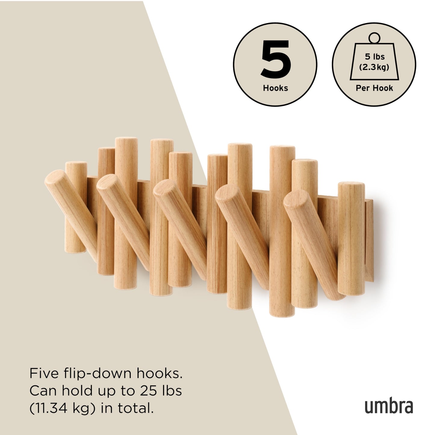 Umbra Picket Coat Rack Wall Mount – 5 Flip-Down Wood Coat Hooks, Modern & Functional Storage, Easy Install Wall Hooks, Natural Umbra