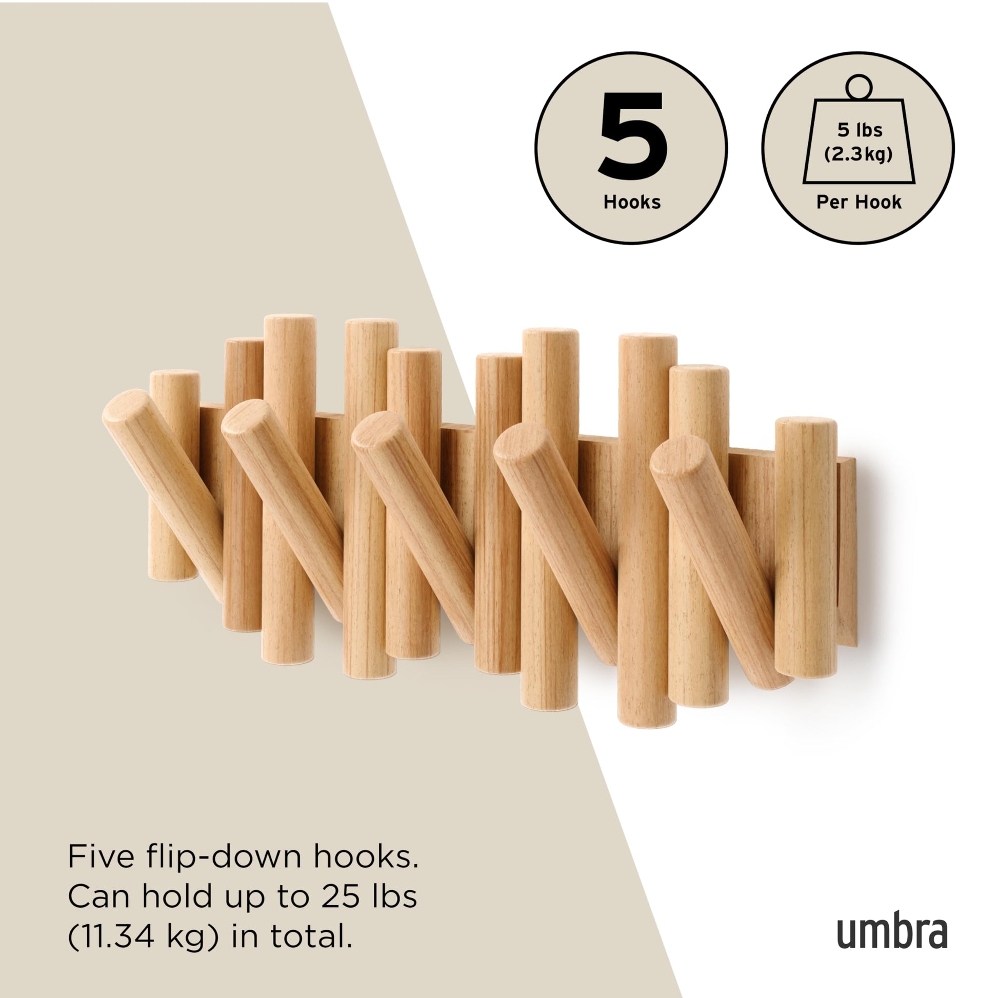 Umbra Picket Coat Rack Wall Mount – 5 Flip-Down Wood Coat Hooks, Modern & Functional Storage, Easy Install Wall Hooks, Natural Umbra