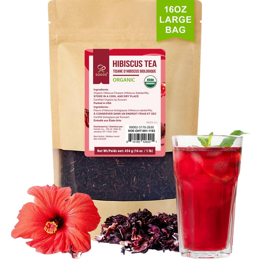 Soeos Organic Hibiscus Tea, 1lb (16oz) Whole Dried Hibiscus Flowers, Caffeine-Free Herbal Tea with Bold Tart Flavor, Perfect for Iced Tea, Hot Infusions & Floral Blends.