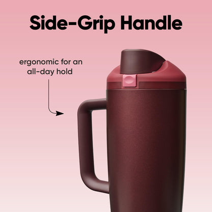 Owala FreeSip Tumbler Insulated Stainless Steel Water Bottle with Built-in Straw and Side Handle, for Travel, Work, School, and Sports, 30oz, BPA Free, Leak Proof, Black Cherry