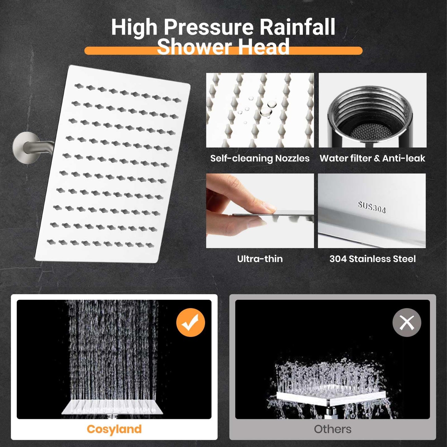 COSYLAND Rain Shower Head with Handheld - 304 Stainless Steel High Pressure 8 inch Square Rainfall Showerhead Combo with 3 Spray Mode 11 inch Extension Adjustable Arm & 60 inch Hose - Chrome COSYLAND
