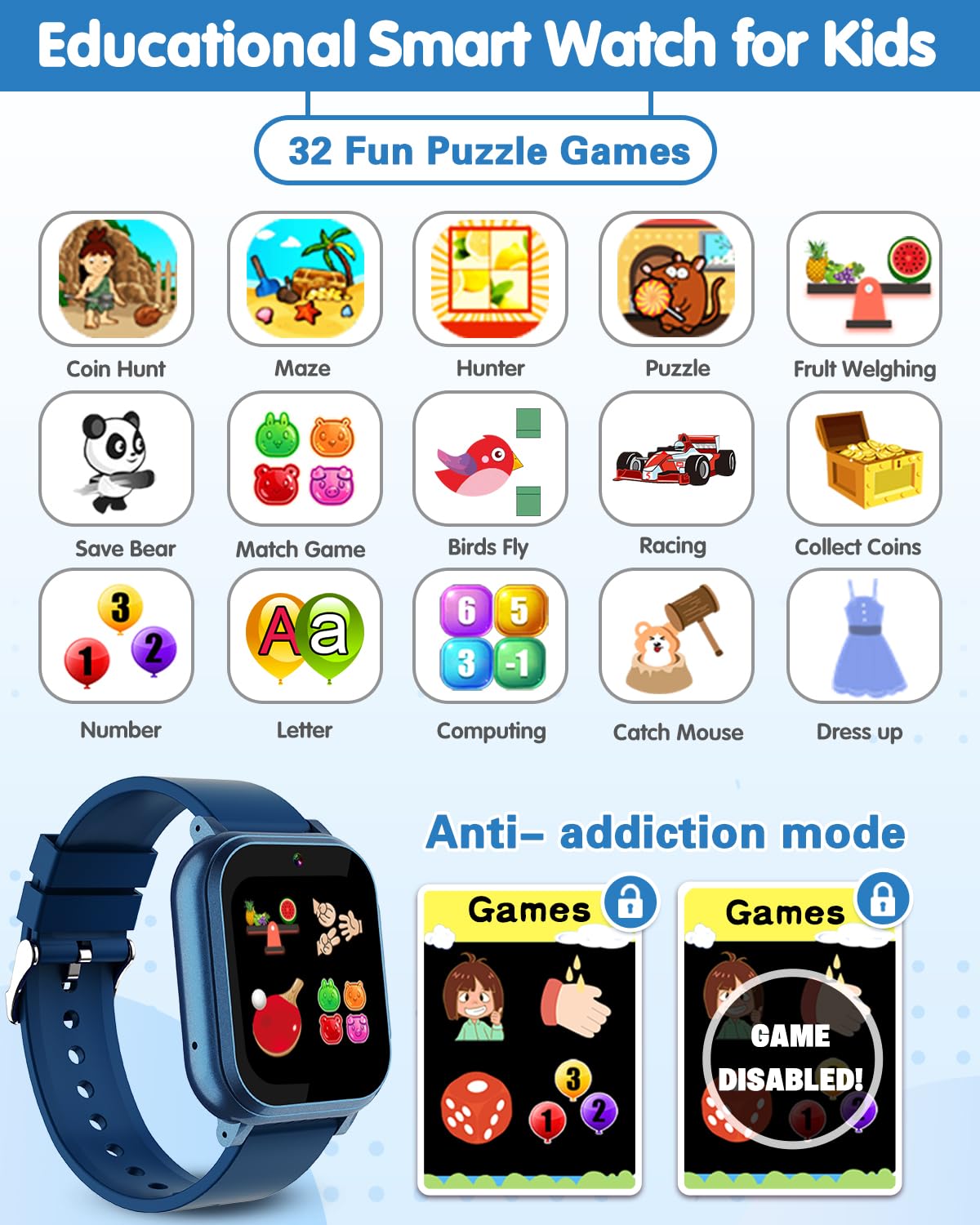 Waterproof Watch for Kids with 32 Games Dual Camera, Habit, Alarm, Pedometer, HD Touchscreen with Protector, Kids Watch Toys for Age 5-12 Christmas Birthday Gift Boys Girls(Blue) 🍁 All In One Marketplace Canada