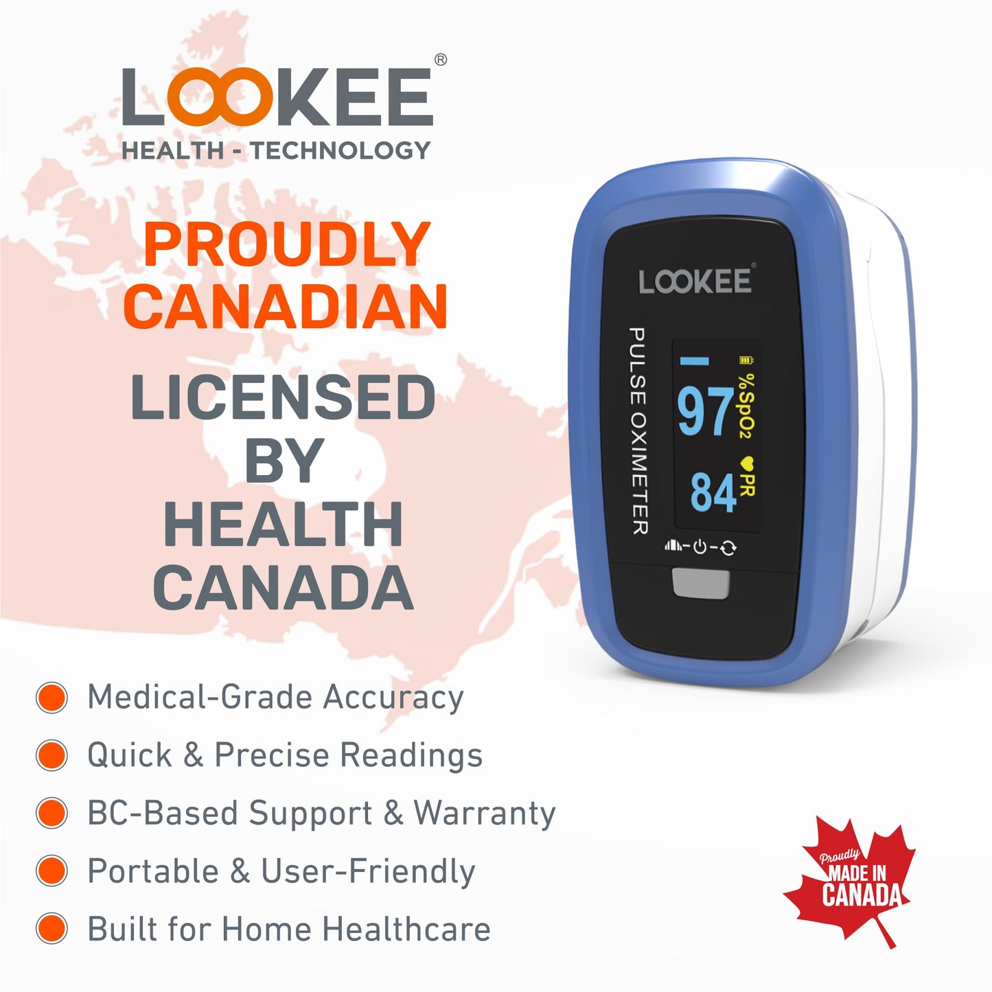 LOOKEE LK50D1 Deluxe Fingertip Pulse Oximeter | Proudly Canadian Finger SpO2 Blood Oxygen Monitor with Auto Rotate OLED Display, Plethysmograph & Pulse Graph | Blue - Available at All In One Marketplace Canada