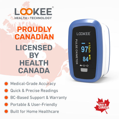 LOOKEE LK50D1 Deluxe Fingertip Pulse Oximeter | Proudly Canadian Finger SpO2 Blood Oxygen Monitor with Auto Rotate OLED Display, Plethysmograph & Pulse Graph | Blue - Available at All In One Marketplace Canada