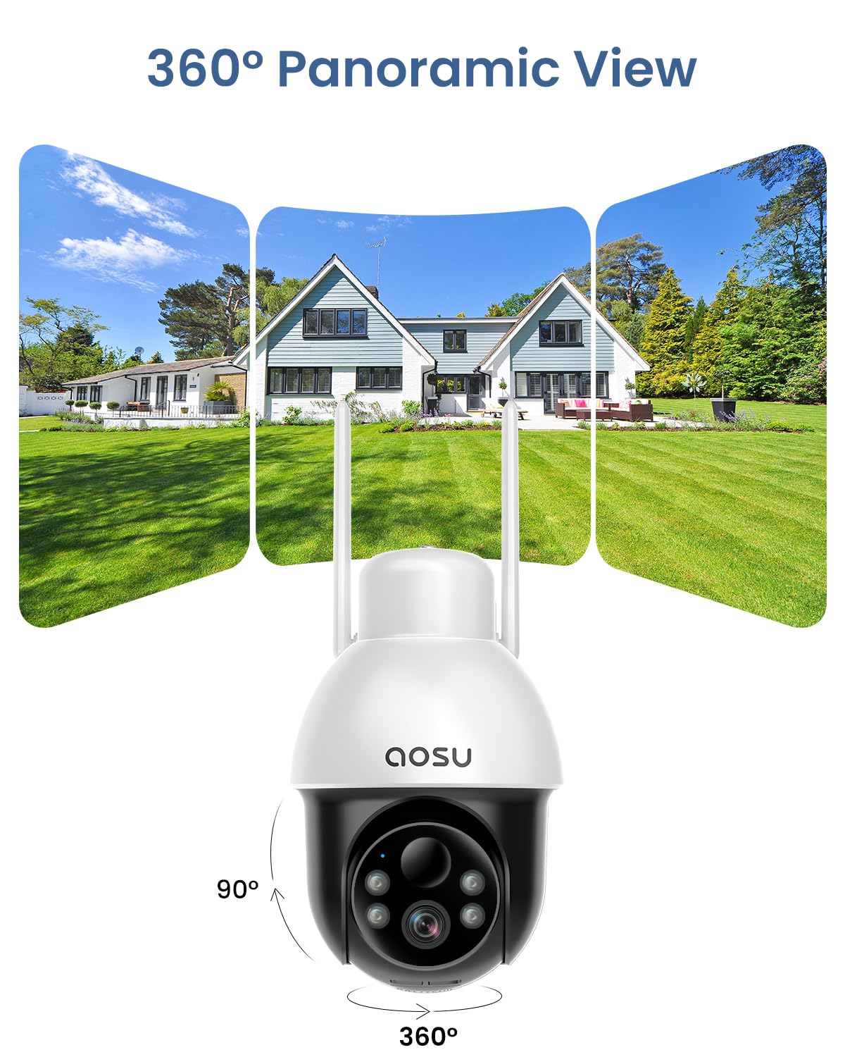 AOSU Solar Security Camera Wireless Outdoor with Panoramic PTZ, Human Auto Tracking, 2K Night Vision, Light and Sound Alarm, 2-Way Talk, Compatible with Alexa/Google Assistant for Home Surveillance - Available at All In One Marketplace Canada