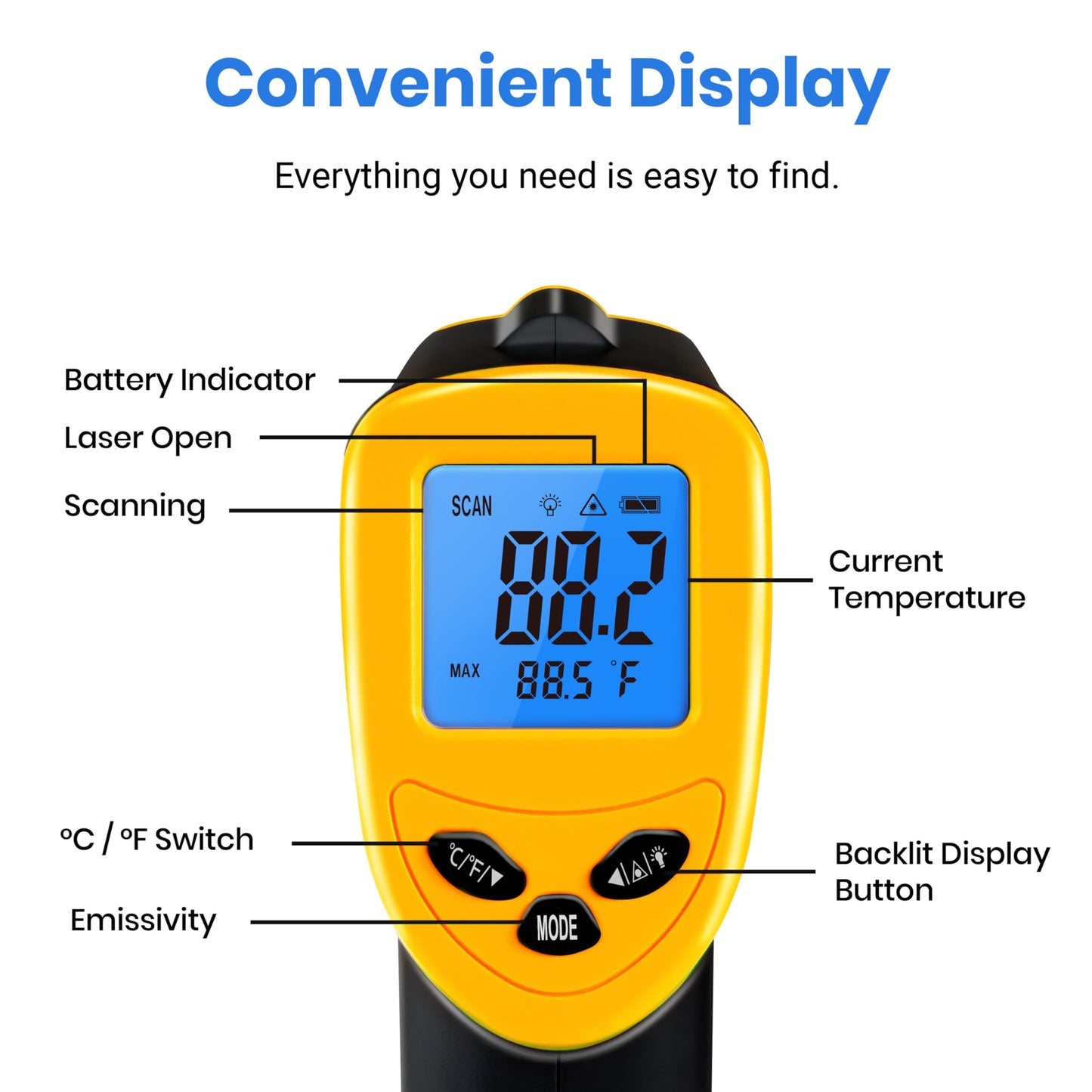 Etekcity Lasergrip 1080 Laser Thermometer Digital Infrared Thermometer Temperature Gun for Kitchen Cooking BBQ Grill and Bath Water, -58℉~1130℉ (-50℃～610℃), Yellow and Black