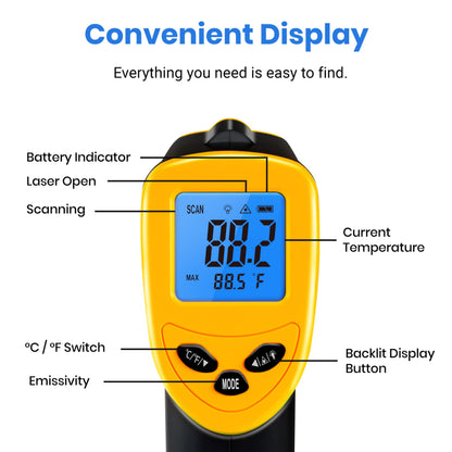 Etekcity Lasergrip 1080 Laser Thermometer Digital Infrared Thermometer Temperature Gun for Kitchen Cooking BBQ Grill and Bath Water, -58℉~1130℉ (-50℃～610℃), Yellow and Black