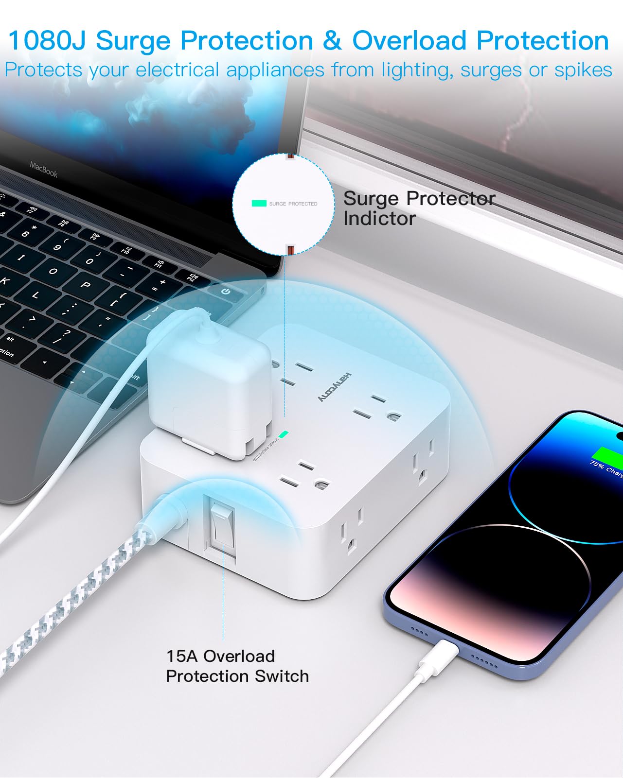 Surge Protector Power Bar - 8 Outlets 4 USB Charging Ports(2 USB C), Power Strip with 5Ft Braided Extension Cord, Flat Plug, Wall Mount Desk USB C Charging Station for Home Office College Essentials