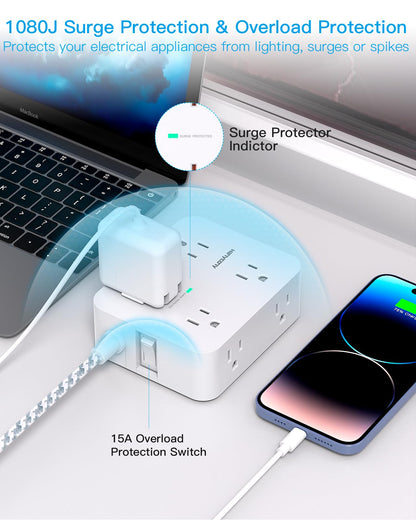 Surge Protector Power Bar - 8 Outlets 4 USB Charging Ports(2 USB C), Power Strip with 5Ft Braided Extension Cord, Flat Plug, Wall Mount Desk USB C Charging Station for Home Office College Essentials