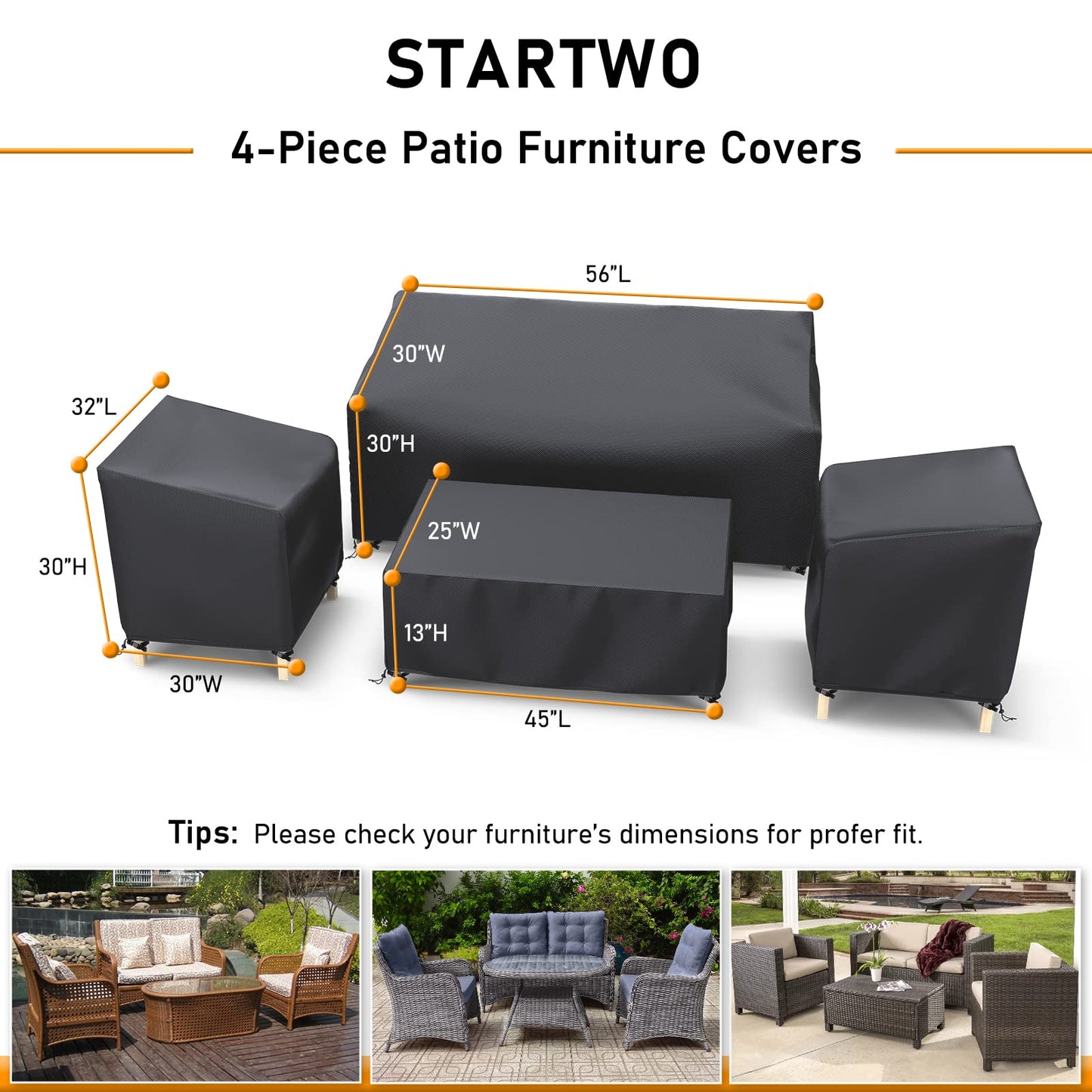 STARTWO Outdoor Waterproof Patio Furniture Covers 4-Piece Set for Chairs 32in, Loveseat 56in, Coffee Table 45in, Heavy Duty 600D, Black - Available at All In One Marketplace Canada