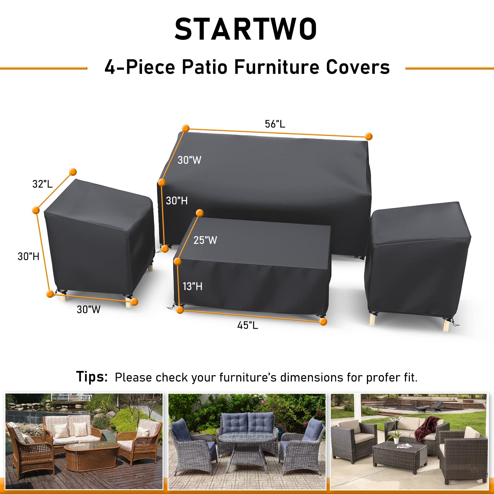 STARTWO Outdoor Waterproof Patio Furniture Covers 4-Piece Set for Chairs 32in, Loveseat 56in, Coffee Table 45in, Heavy Duty 600D, Black - Available at All In One Marketplace Canada