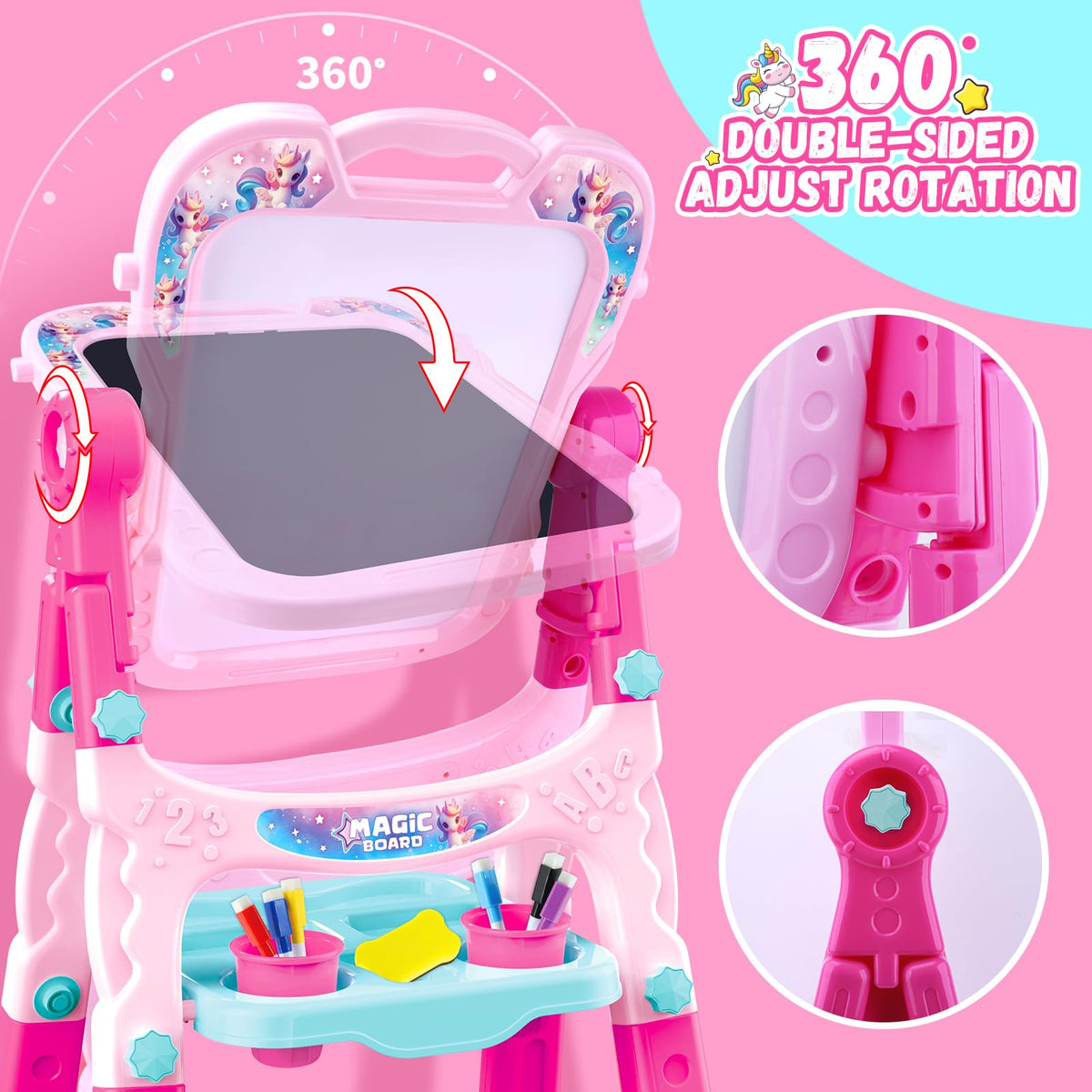 Art Easel for Kids - Adjustable Double-Sided Rotatable Magnetic White Board with Painting Accessories, Preschool Learning Toy for Girls 3-5 Years Old,Ideal Christmas Birthday Gift (Pink) 🍁 All In One Marketplace Canada