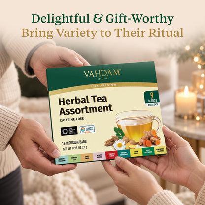 VAHDAM, Assorted Herbal Tea Sampler (18 Tea Bags, 9 Flavors) Caffeine-Free, Non-GMO | Double Infusion, Individually Enveloped Tea Bags | Herbal Tea Assortment 🍁 All In One Marketplace Canada