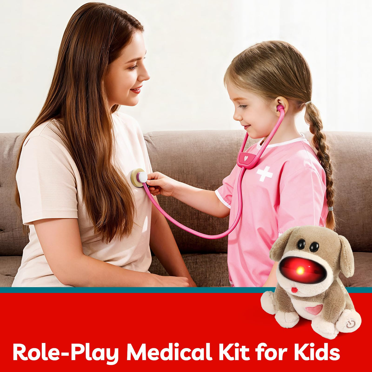 Top Bright Doctor Kit Kids – Pretend Play Toddler Toys with Pink Doctor Costume & Plush Dog, Wooden Kids Doctors Play Set with Stethoscope, Christmas Birthday Gifts for 3+ Year Old Girls 🍁 All In One Marketplace Canada
