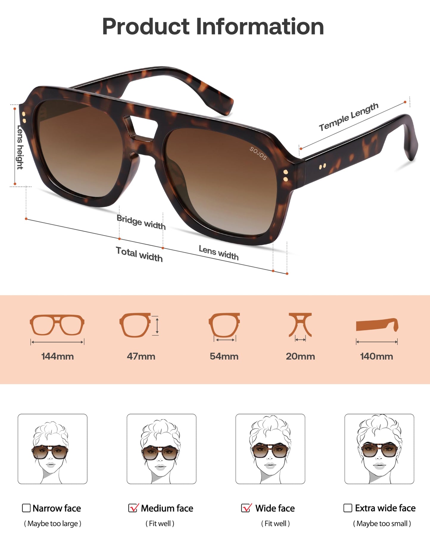 SOJOS Retro Thick Polarized Aviator Sunglasses for Women Men, Large Trendy Bold Square Pilot Shades SJ2385, Brown Tortoise/Brown
