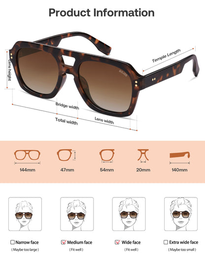 SOJOS Retro Thick Polarized Aviator Sunglasses for Women Men, Large Trendy Bold Square Pilot Shades SJ2385, Brown Tortoise/Brown