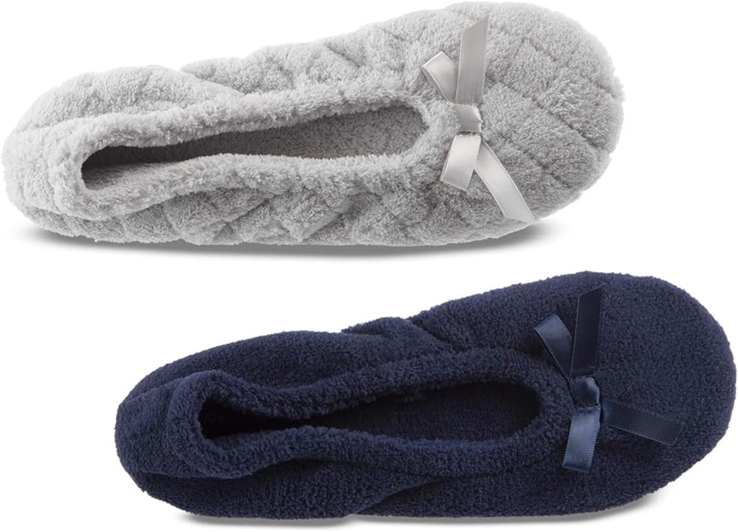 isotoner Women's 2 Pack Ballerina Slipper Quilted and Solid Ballet Flat, Light Grey Quilted, Navy Blue Solid, 9.5-10.5 isotoner