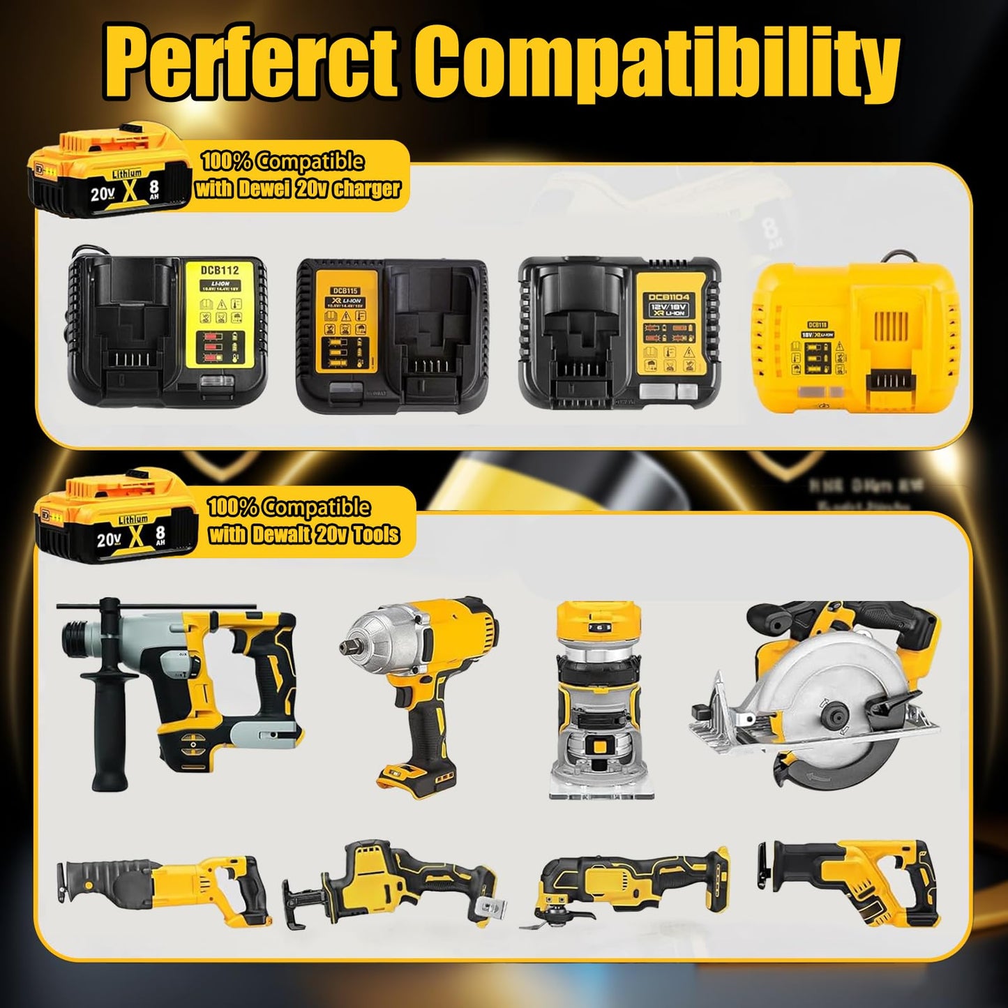 Replacement for Dewalt 20V MAX Battery 8.0Ah 2-Pack - High-Capacity Lithium Batteries Compatible with DCB208, DCB200, DCB206, DCB205, DCB204, DCB203, DCB180 - Longer Runtime for Dewalt Cordless Tools