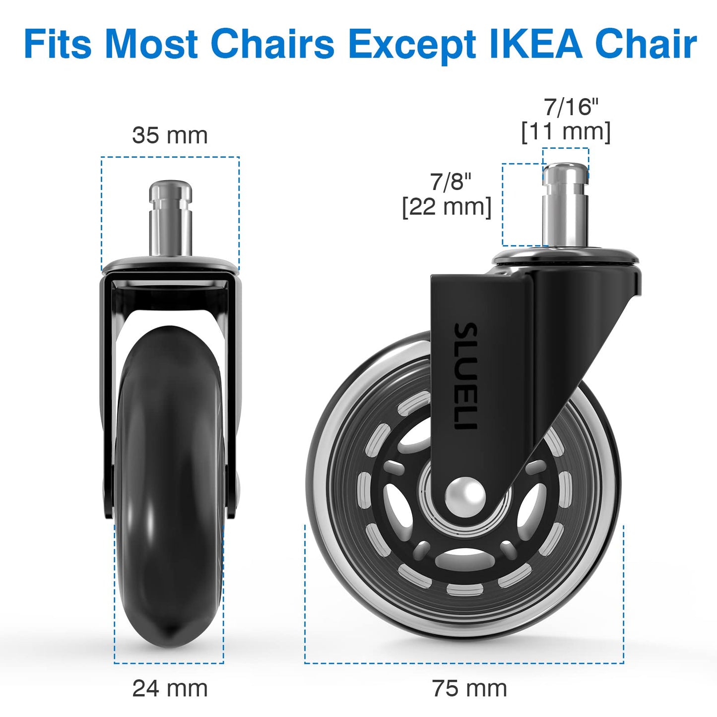 Office Chair Caster Wheels Replacement Rubber Chair Casters (Set of 5), 3 Inch Heavy-Duty Office Chair casters for Hardwood Floors Carpet and Tile Floors Universal fit - Available at All In One Marketplace Canada