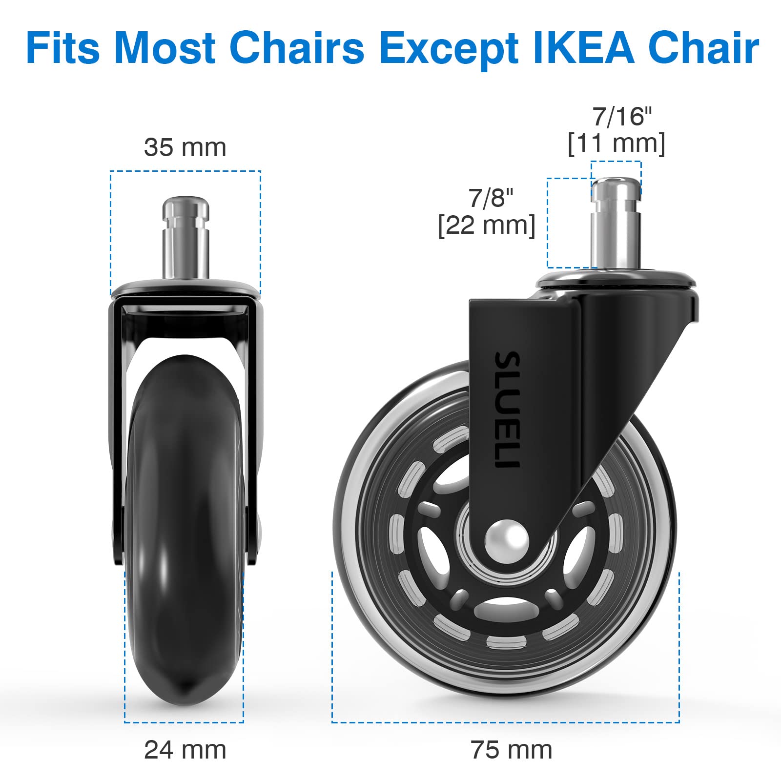 Office Chair Caster Wheels Replacement Rubber Chair Casters (Set of 5), 3 Inch Heavy-Duty Office Chair casters for Hardwood Floors Carpet and Tile Floors Universal fit - Available at All In One Marketplace Canada