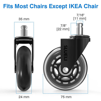Office Chair Caster Wheels Replacement Rubber Chair Casters (Set of 5), 3 Inch Heavy-Duty Office Chair casters for Hardwood Floors Carpet and Tile Floors Universal fit - Available at All In One Marketplace Canada