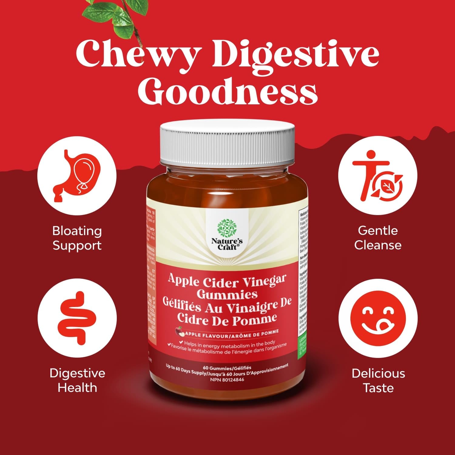 Apple Cider Vinegar Gummies with Mother - Supports Appetite Control - ACV Gummies for Detox & Cleanse - Gut Health & Bloating - Metabolism & Energy Support - ACV with Mother - B12 & B6 Vitamin - 60 Ct - Available at All In One Marketplace Canada