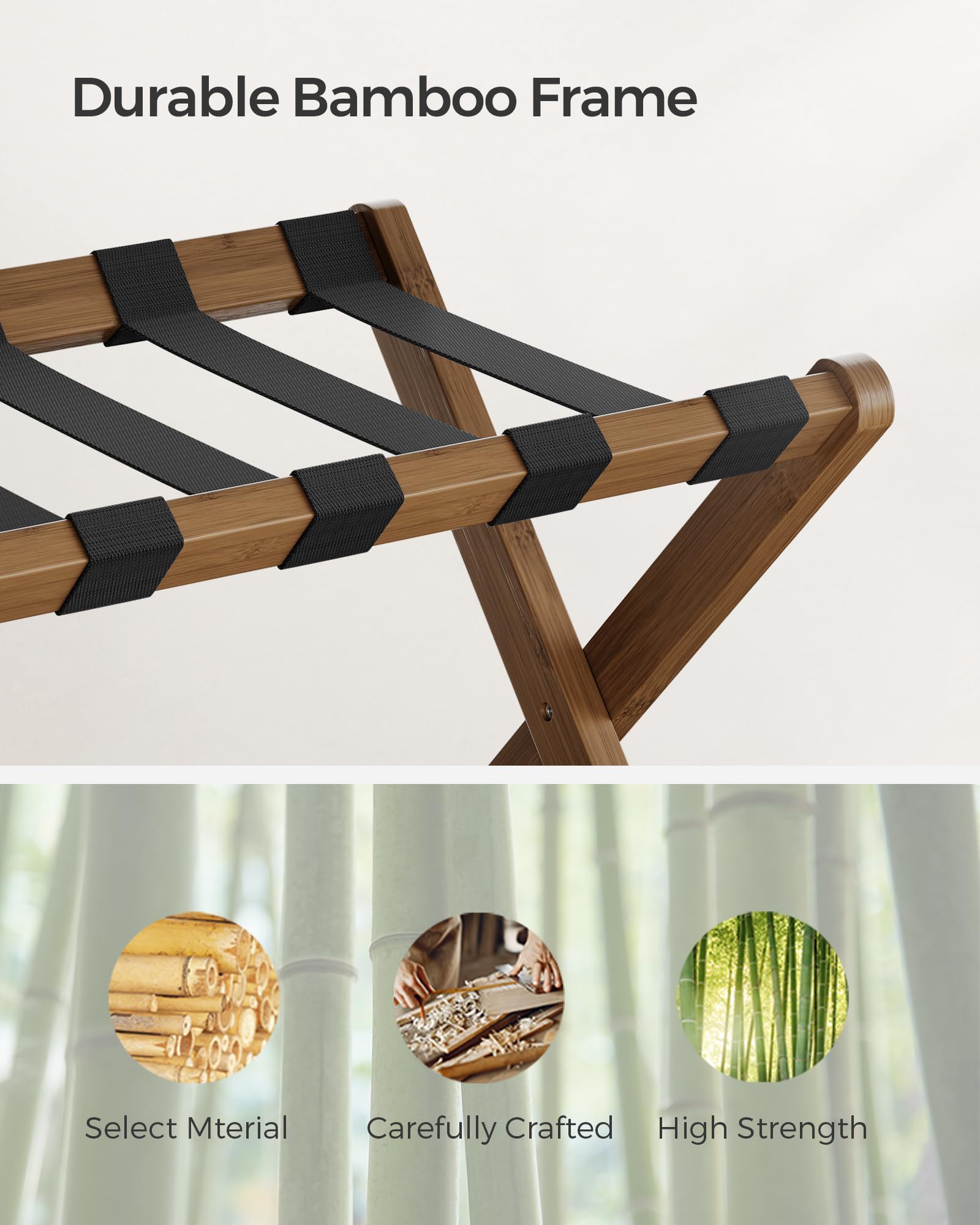 SONGMICS Luggage Rack, Bamboo Luggage Rack for Guest Room, Folding Suitcase Stand, for Hotel, Bedroom, Heavy-Duty, Holds up to 131 lb, Walnut Brown URLR007D01 SONGMICS