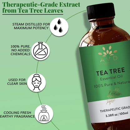 AVD Organics Tea Tree Oil | 100% Pure and Natural Tea Tree Essential Oil for skin | for Nail Fungus Face Aromatherapy Home Diffusers Carrier | 3.38 fl. Oz