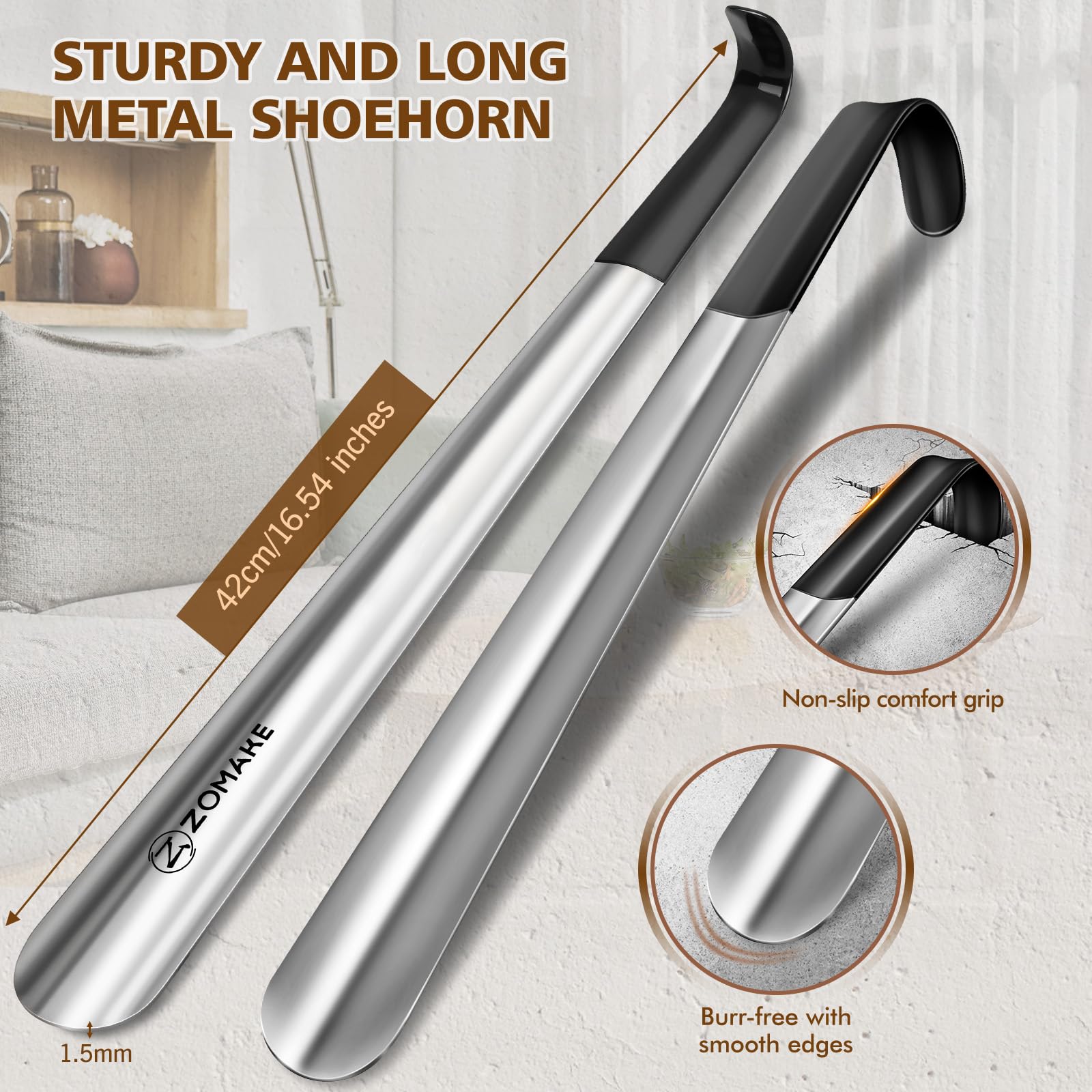 ZOMAKE Shoe Horn Long Handle,Metal Long Shoehorn for Seniors Men Women,2 Pcs 16.5" Boot Shoes Horn Chausse Pied(Black Handle) - Available at All In One Marketplace Canada