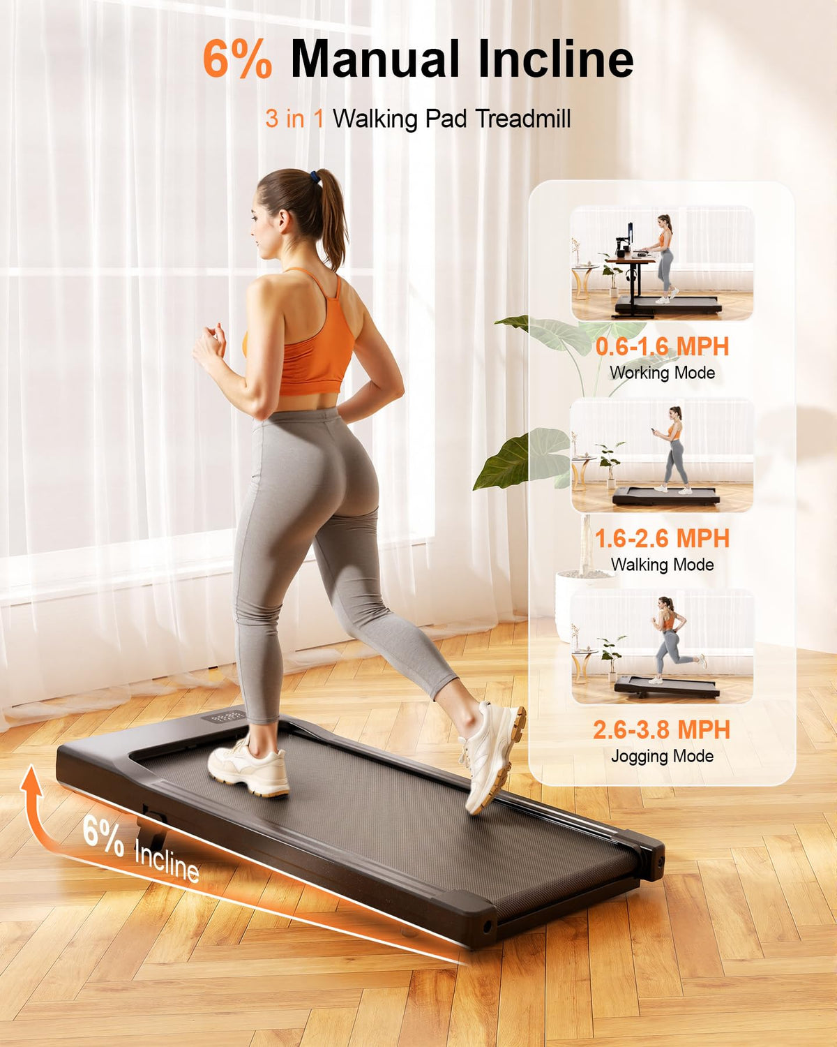 MJWW Walking Pad with 6% Incline, No-Assembly Under Desk Treadmill, 2.5 HP Quiet Motor, APP & Remote Control, LED Display, 300 lbs Capacity for Home/Office