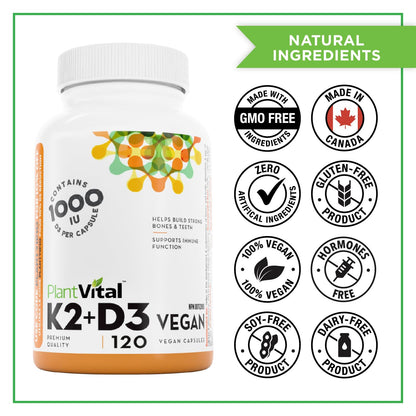 PlantVital High-Potency Vegan Vitamin D3 + K2 -Made in Canada - (1000IU /25 mcg + 120 mcg) for Bones, Teeth and Immune System - Patented MK7 Form - K2 D3 vitamin - 4 Months Supply - 120 Capsules. - Available at All In One Marketplace Canada
