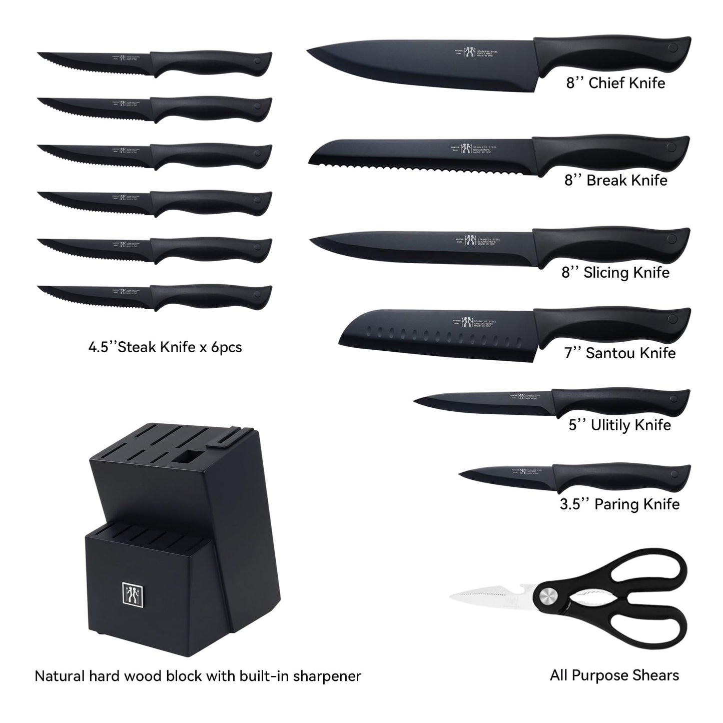 HUNTER.DUAL Knife Set, Dishwasher Safe Kitchen Knife Set with Block, 15 Pcs Black Kitchen Knife Sets with Block Self Sharpening, 6 Steak Knives, Black