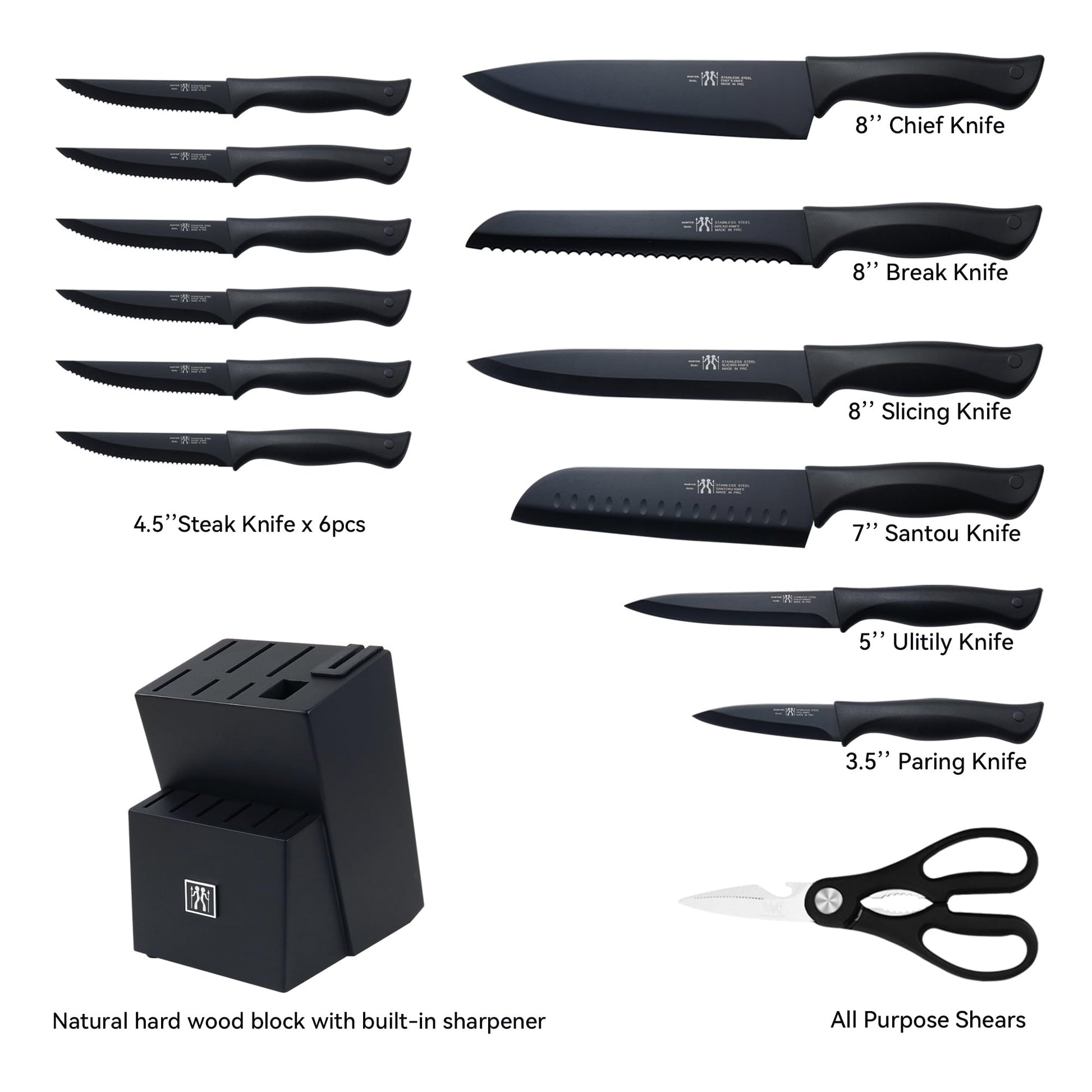 HUNTER.DUAL Knife Set, Dishwasher Safe Kitchen Knife Set with Block, 15 Pcs Black Kitchen Knife Sets with Block Self Sharpening, 6 Steak Knives, Black
