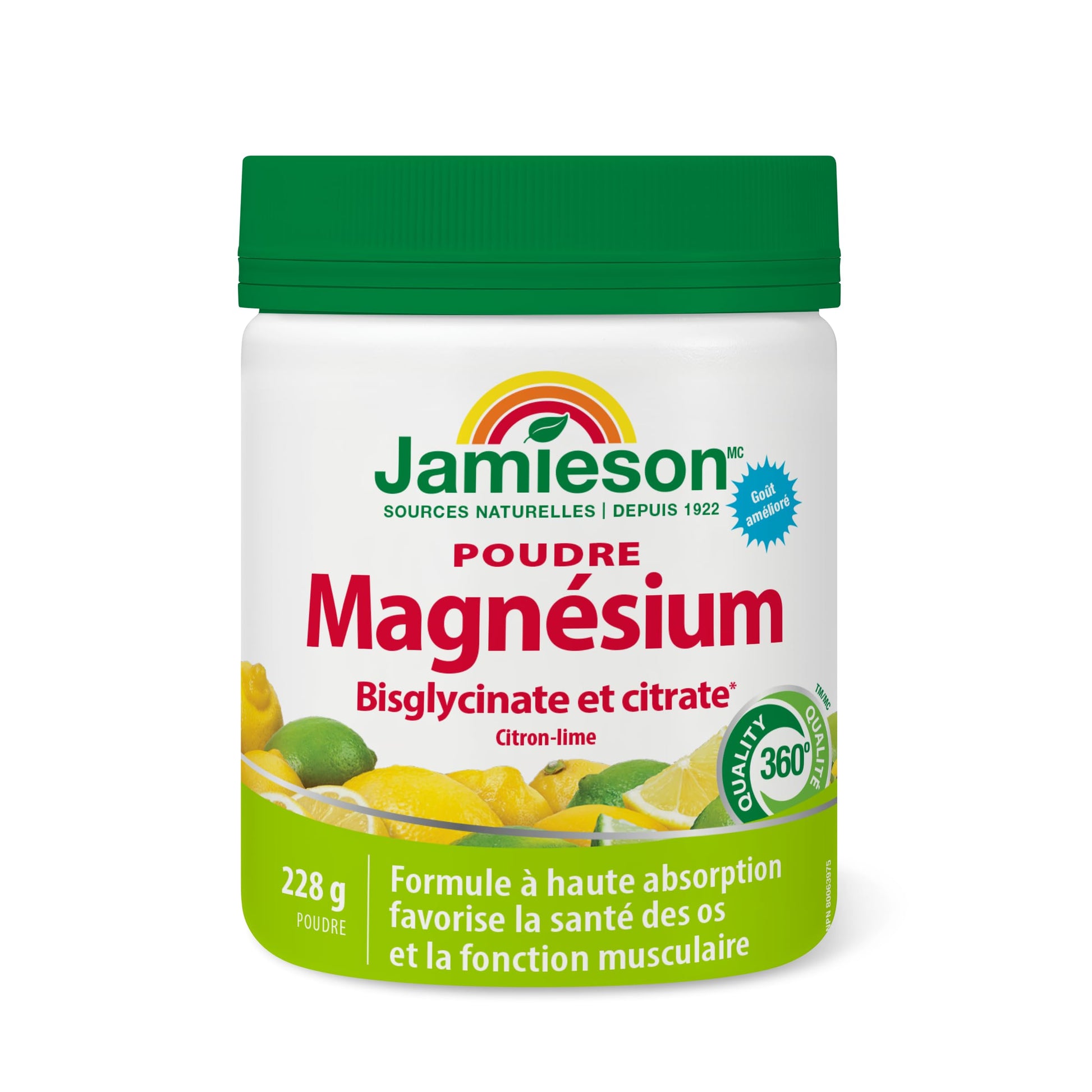 Jamieson Magnesium Bisglycinate 300 mg Per Serving, Powder Natural Lemon-Lime Flavour, 228 g, Supports Muscle Function, Bone Health, Boosts Energy. No Artificial Colours, Flavours or Preservatives - Available at All In One Marketplace Canada